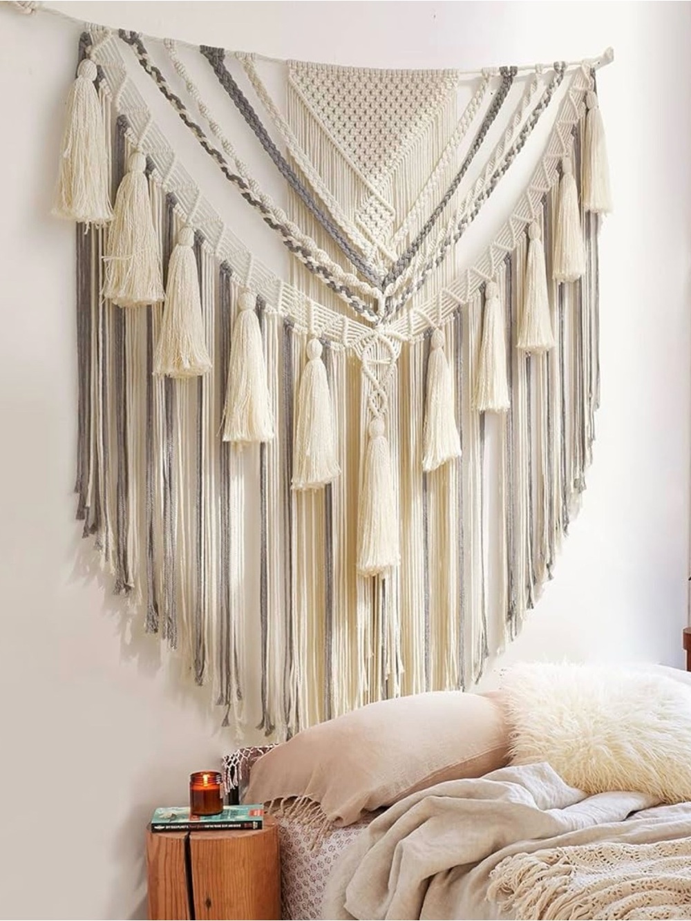 Handmade Macrame Wall Tapestry – Cream & Gray Boho Accent